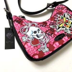 NWT Ed Hardy Asymmetrical Shoulder Bag Skull Butterfly Tattoo Print Pink Black